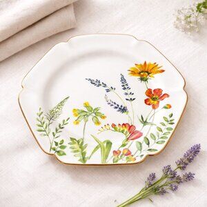 French Country Floral Plate Hexagon Gold Trim Botanical Cottagecore Dessert Deco